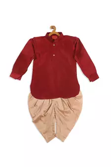 Infant  Maroon And Rose Gold Silk Blend Kurta And Dhoti Set
