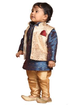 Infant  Gold And Persian Blue Silk Blend Jacket, Kurta And Pyjama Set 1