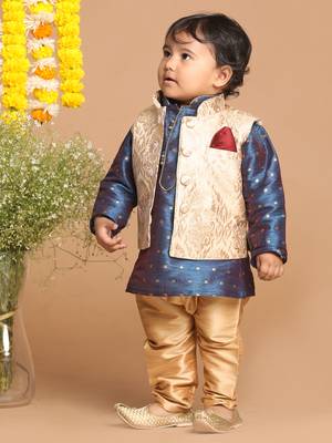 Infant  Gold And Persian Blue Silk Blend Jacket, Kurta And Pyjama Set 2