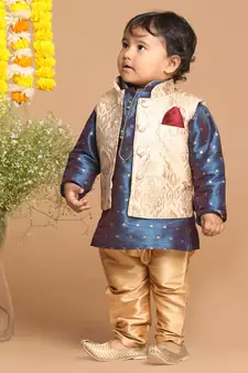 Infant  Gold And Persian Blue Silk Blend Jacket, Kurta And Pyjama Set