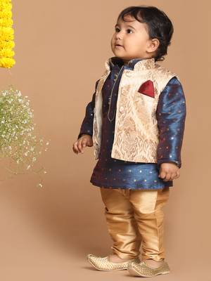Infant  Gold And Persian Blue Silk Blend Jacket, Kurta And Pyjama Set 3
