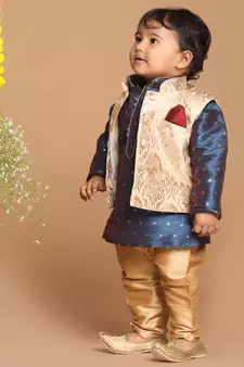 Infant  Gold And Persian Blue Silk Blend Jacket, Kurta And Pyjama Set