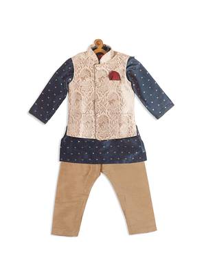 Infant  Gold And Persian Blue Silk Blend Jacket, Kurta And Pyjama Set 4