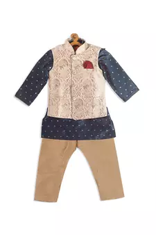 Infant  Gold And Persian Blue Silk Blend Jacket, Kurta And Pyjama Set