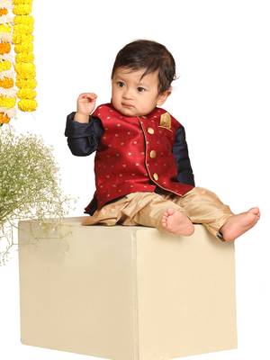 Infant  Maroon, Navy Blue And Rose Gold Silk Blend Jacket, Kurta And Dhoti Set 2