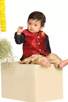 Infant  Maroon, Navy Blue And Rose Gold Silk Blend Jacket, Kurta And Dhoti Set