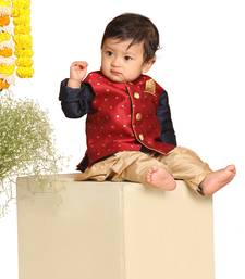 Infant Boys Maroon, Navy Blue And Rose Gold Silk Blend Jacket, Kurta And Dhoti Set