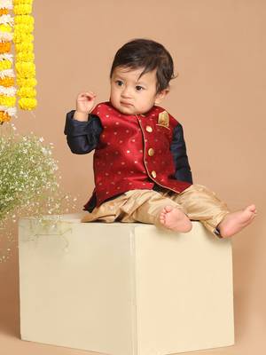 Infant  Maroon, Navy Blue And Rose Gold Silk Blend Jacket, Kurta And Dhoti Set 1