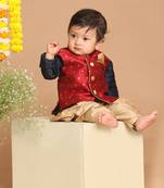 Infant  Maroon, Navy Blue And Rose Gold Silk Blend Jacket, Kurta And Dhoti Set