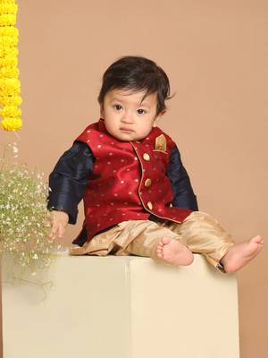 Infant  Maroon, Navy Blue And Rose Gold Silk Blend Jacket, Kurta And Dhoti Set 3