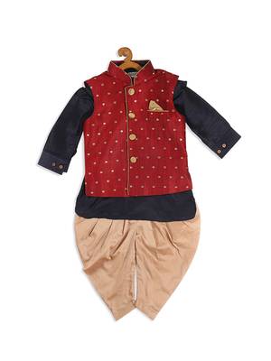 Infant  Maroon, Navy Blue And Rose Gold Silk Blend Jacket, Kurta And Dhoti Set 4