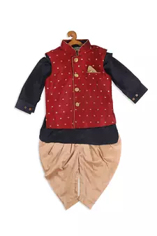 Infant  Maroon, Navy Blue And Rose Gold Silk Blend Jacket, Kurta And Dhoti Set