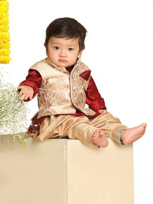 Maroon and Gold Silk Blend Kids Kurta Set With Jacket 2