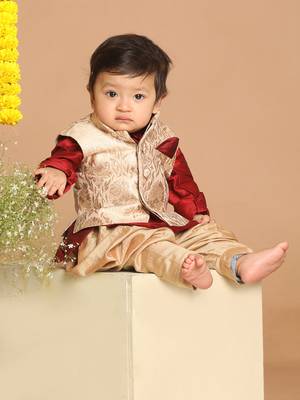 Maroon and Gold Silk Blend Kids Kurta Set With Jacket 1