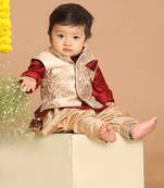 Maroon and Gold Silk Blend Kids Kurta Set With Jacket