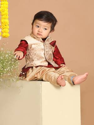 Maroon and Gold Silk Blend Kids Kurta Set With Jacket 3