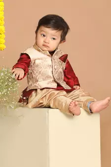 Maroon and Gold Silk Blend Kids Kurta Set With Jacket