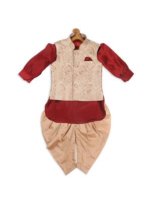 Maroon and Gold Silk Blend Kids Kurta Set With Jacket 4