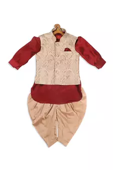 Maroon and Gold Silk Blend Kids Kurta Set With Jacket