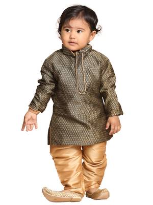 Infant  Black And Rose Gold Silk Blend Kurta Pyjama Set 1