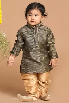 Infant  Black And Rose Gold Silk Blend Kurta Pyjama Set