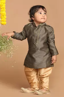 Infant  Black And Rose Gold Silk Blend Kurta Pyjama Set