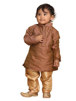 Infant  Maroon And Rose Gold Silk Blend Kurta Pyjama Set 1