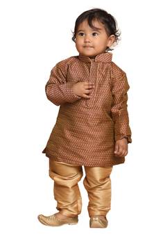 Infant Boys Maroon And Rose Gold Silk Blend Kurta Pyjama Set