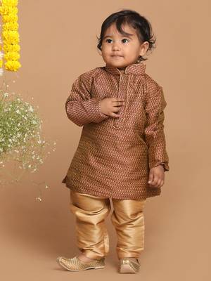 Infant  Maroon And Rose Gold Silk Blend Kurta Pyjama Set 2