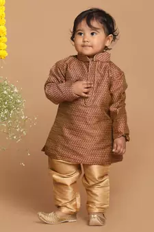 Infant  Maroon And Rose Gold Silk Blend Kurta Pyjama Set