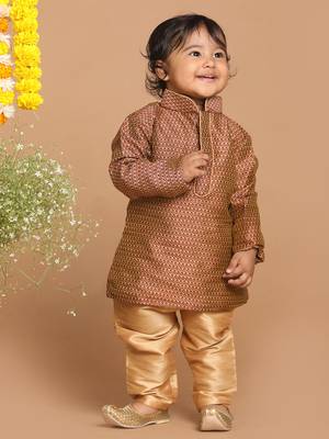 Infant  Maroon And Rose Gold Silk Blend Kurta Pyjama Set 3