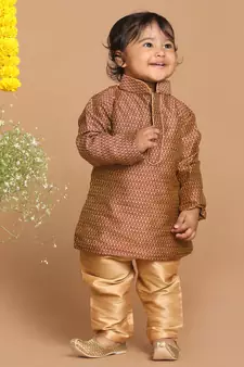 Infant  Maroon And Rose Gold Silk Blend Kurta Pyjama Set