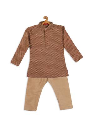 Infant  Maroon And Rose Gold Silk Blend Kurta Pyjama Set 4