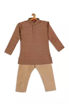 Infant  Maroon And Rose Gold Silk Blend Kurta Pyjama Set