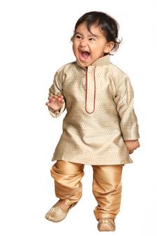Infant Boys Beige And Rose Gold Silk Blend Kurta Pyjama Set