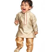 Infant Boys Beige And Rose Gold Silk Blend Kurta Pyjama Set
