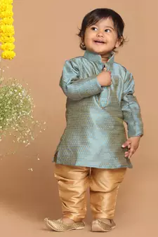 Infant  Azure And Rose Gold Silk Blend Kurta Pyjama Set