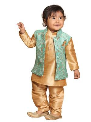Infant  Green Silk Blend Jacket, Kurta And Pyjama Set 2