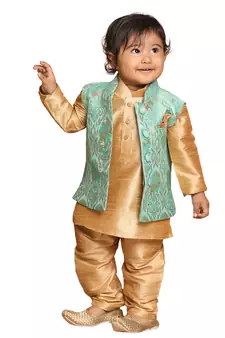 Infant  Green Silk Blend Jacket, Kurta And Pyjama Set
