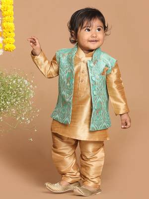Infant  Green Silk Blend Jacket, Kurta And Pyjama Set 1