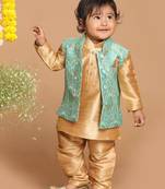 Infant  Green Silk Blend Jacket, Kurta And Pyjama Set