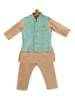 Infant  Green Silk Blend Jacket, Kurta And Pyjama Set 3