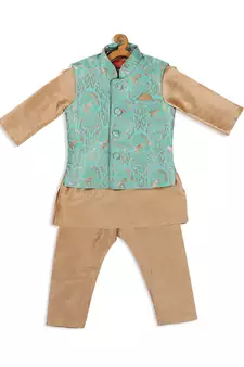 Infant  Green Silk Blend Jacket, Kurta And Pyjama Set