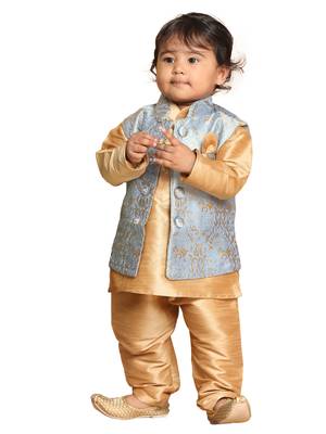 Infant Boys Grey Silk Blend Jacket, Kurta And Pyjama Set 1
