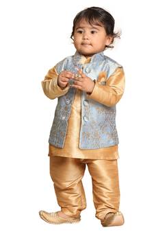 Infant Boys Grey Silk Blend Jacket, Kurta And Pyjama Set