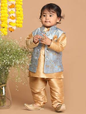 Infant Boys Grey Silk Blend Jacket, Kurta And Pyjama Set 2