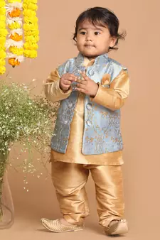Infant Boys Grey Silk Blend Jacket, Kurta And Pyjama Set