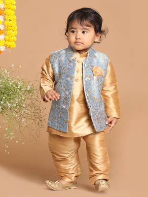 Infant Boys Grey Silk Blend Jacket, Kurta And Pyjama Set 3