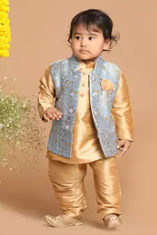 Infant Boys Grey Silk Blend Jacket, Kurta And Pyjama Set