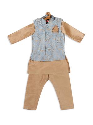 Infant Boys Grey Silk Blend Jacket, Kurta And Pyjama Set 4